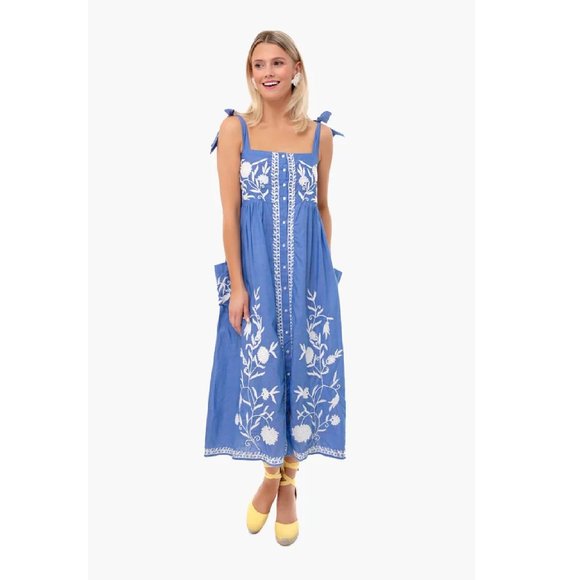 Juliet Dunn Dresses & Skirts - Juliet Dunn Embroidered Chambray Midi Dress Tie Shoulder Blue/White sz 3/L $348